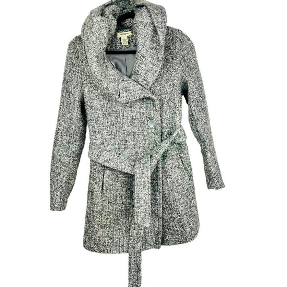Vertigo Paris Grey Tweed Hooded Wool Blend Pea Coat Women Size S
